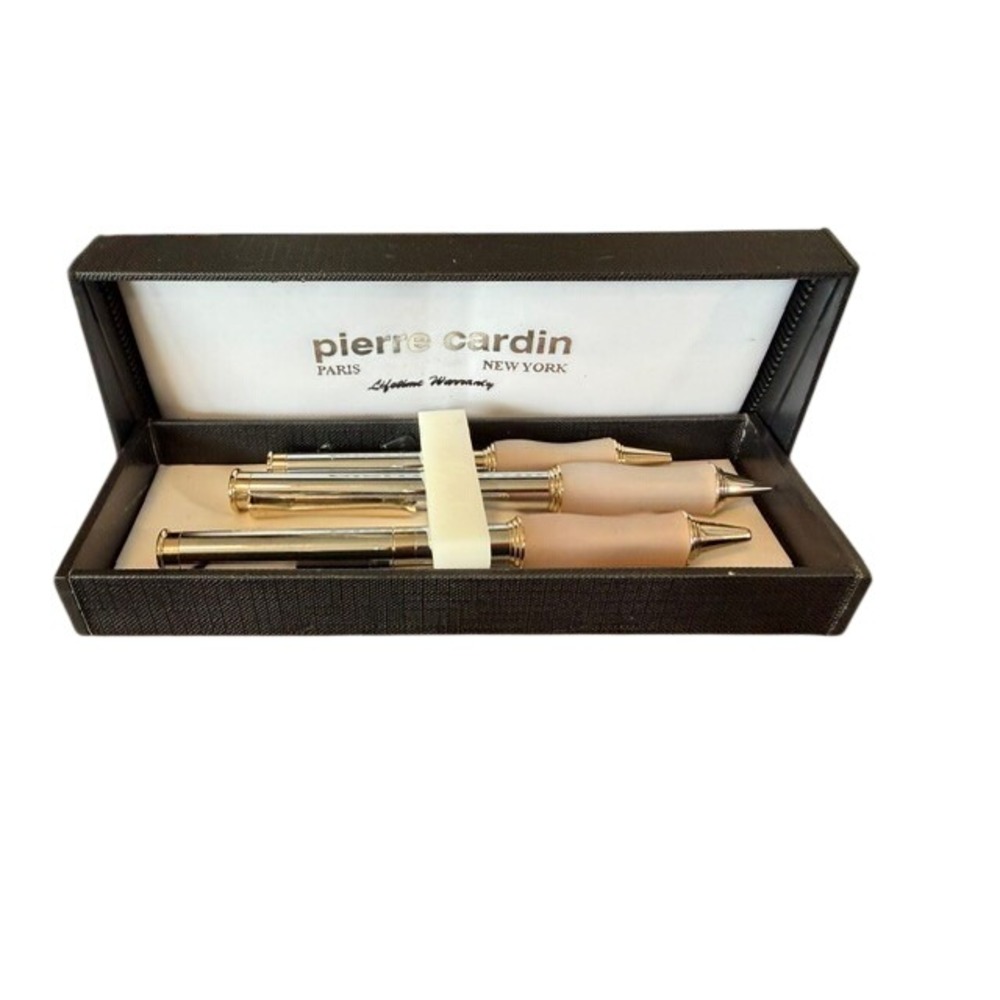 Pierre Cardin Vintage 3 Pc Silver Tan Gold Pens Pencil Stylus Set NIB